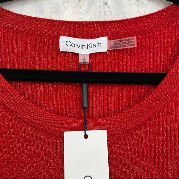 Calvin Klein Red Metallic Tie-Waist Sweater Dress Knit Long Sleeve Pull On NWT - Picture 13 of 16